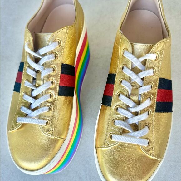 Gucci Peggy Rainbow Platform Sneakers EU 38 US 8 Gold Lace Up Slatform Shoes - Picture 9 of 16